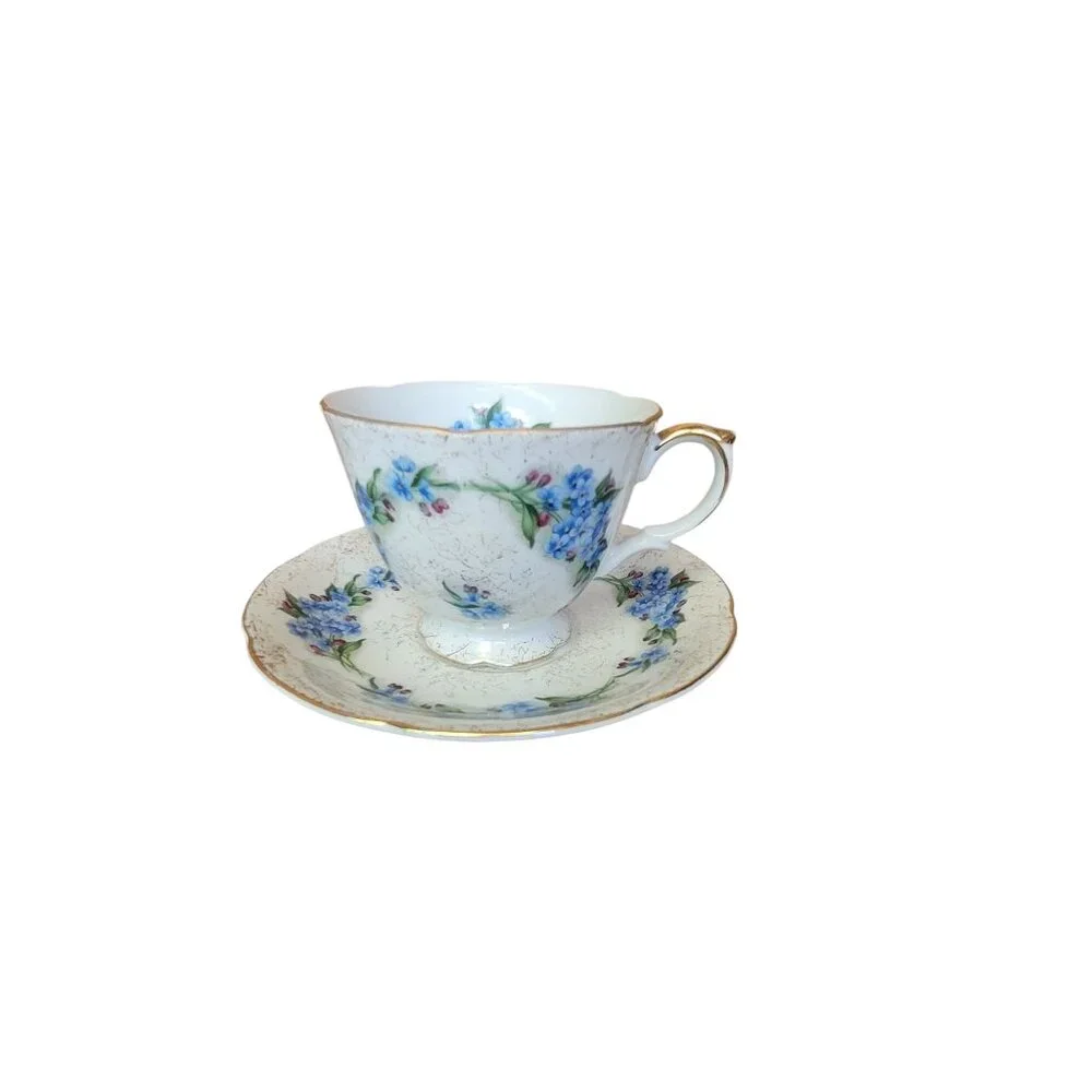 Vintage Saji Japan Fancy China Cup & Saucer Set With Floral Blue Design Gold Tri
